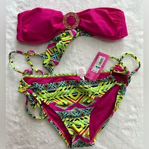 Xhilaration Neon Pink Bandeau Bikini with Geo Print small top medium bottoms